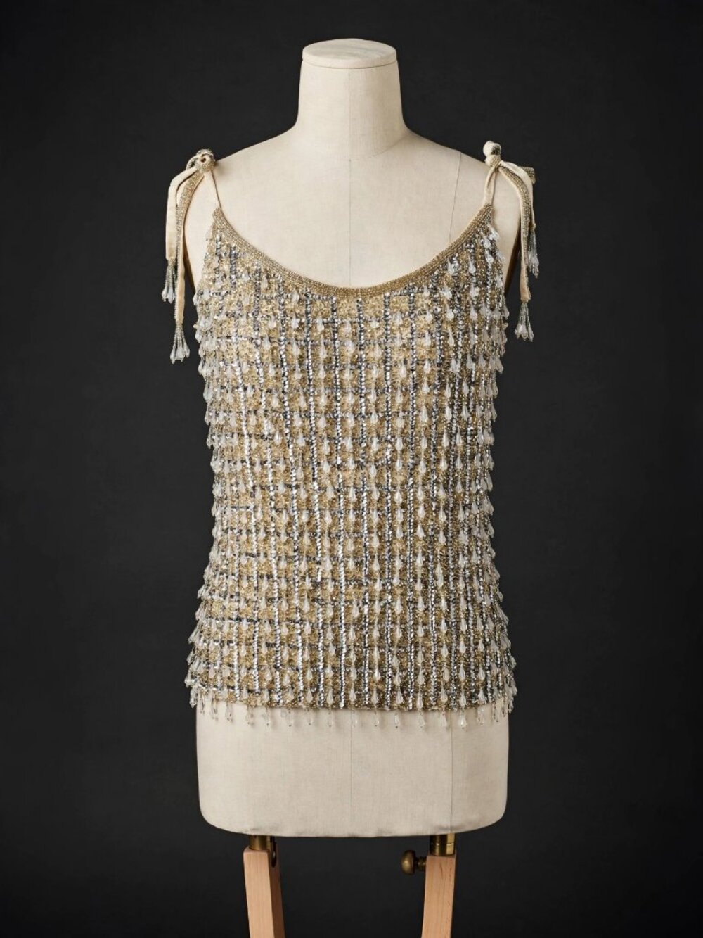 Mac Duggal R5697 Nude Beaded Chandelier Fringe Top Tie Shoulders Size 4 NWT